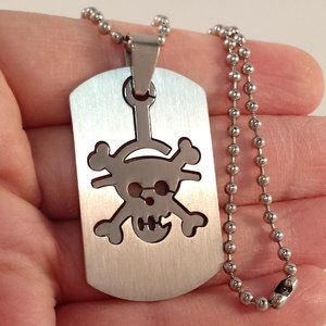 Mens Stainless Steel Pirate Skull Cut Fit Dog Tag Pendant Ball Chain Necklace
